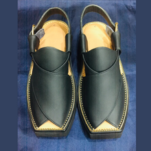Load image into Gallery viewer, Black Leather Peshawari Chappal Gents Shoes