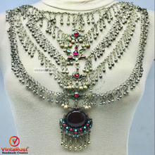 Load image into Gallery viewer, Massive Silver Kuchi Bib Necklace With Dangling Bells and Glass Stones
