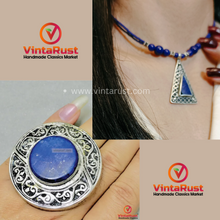 Load image into Gallery viewer, Lapis Beaded Chain Necklace Silver Triangle Pendant with Gemstone Ring