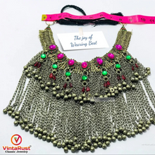 Load image into Gallery viewer, Statement Choker Necklace Long Silver Dangling Bells