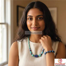 Load image into Gallery viewer, Turquoise & Lapis Beaded Necklace and Evil Eye Bracelet
