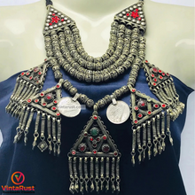 Load image into Gallery viewer, Tribal Beaded Choker With Red Glass Stones and Coins