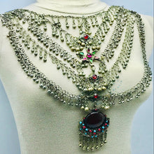 Load image into Gallery viewer, Massive Silver Kuchi Bib Necklace With Dangling Bells and Glass Stones