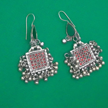 Load image into Gallery viewer, Green Stone Square Shaped Earrings With Small Bells