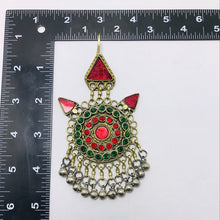 Load image into Gallery viewer, Red and Green Mang Tikka, Handmade Dangling Bells Tikka, Afghan Hair Jewelry, Hair Accessories, Jhomer, Gift For Her