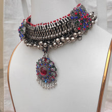 Load image into Gallery viewer, Ethnic Tribal Choker Necklace With Silver Kuchi Bells And Multicolor Glass Stones