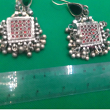 Load image into Gallery viewer, Green Stone Square Shaped Earrings With Small Bells