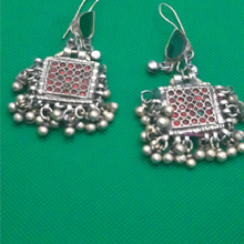 Load image into Gallery viewer, Green Stone Square Shaped Earrings With Small Bells