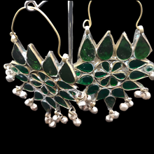 Load image into Gallery viewer, Green Glass Stones Floral Earrings With Silver Bells