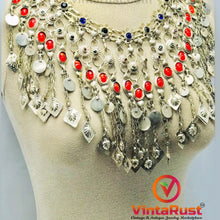 Load image into Gallery viewer, Vintage Kuchi Choker Necklace Vibrant Orange Stones and Elegant Tassels
