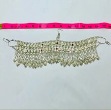 Load image into Gallery viewer, Silver Kuchi Headpiece With Red Glass Stones and Long Tassels