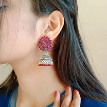Load image into Gallery viewer, Antique Oxidized Jhumka Earrings With Glass Stones