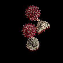 Load image into Gallery viewer, Antique Oxidized Jhumka Earrings With Glass Stones