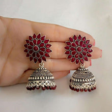 Load image into Gallery viewer, Antique Oxidized Jhumka Earrings With Glass Stones