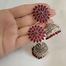 Load image into Gallery viewer, Antique Oxidized Jhumka Earrings With Glass Stones