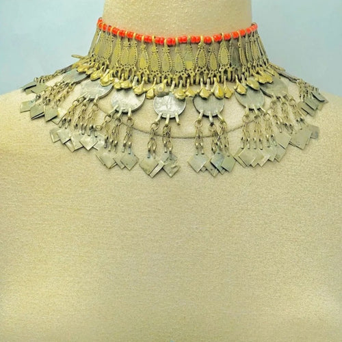 Rustic Choker Necklace with Golden Metal Motifs and Vintage Coins