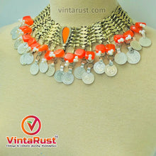 Load image into Gallery viewer, Orange Stone With Coins Collar Choker Necklace