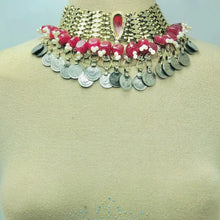 Load image into Gallery viewer, Coins Choker Necklace With Red Stone and Beads