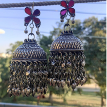 Load image into Gallery viewer, Dangling Earrings with Pink Glass Stones And Silver Bells