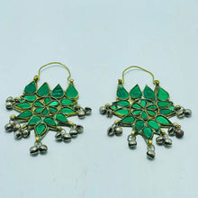 Load image into Gallery viewer, Ethnic Glass Stones Floral Earrings With Silver Bells