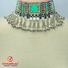 Load image into Gallery viewer, Green Choker Necklace With Dangling Silver Bells