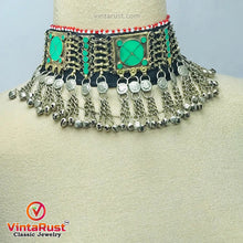 Load image into Gallery viewer, Green Choker Necklace With Dangling Silver Bells
