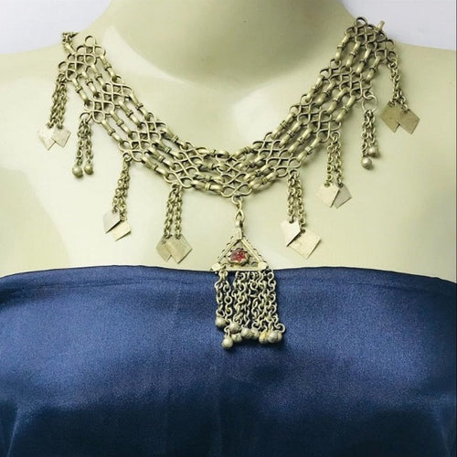 Vintage Necklace, Tribal Kuchi Antique Choker Necklace With Dangling Pendant