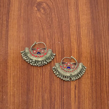 Load image into Gallery viewer, Vintage Kuchi Red and Blue Earrings, Handmade Vintage Hoop Earrings, Afghan Chandbali Earrings