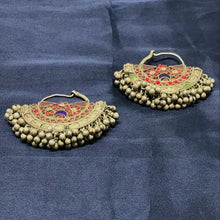 Load image into Gallery viewer, Vintage Kuchi Red and Blue Earrings, Handmade Vintage Hoop Earrings, Afghan Chandbali Earrings