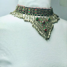 Load image into Gallery viewer, Antique Tribal Choker Necklace With Red and Green Glass Stones