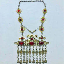 Load image into Gallery viewer, Vintage Turkmen Long Chain Massive Pendant Necklace With Glass Stones, Tribal Pendant With Dangling Long Tassels, Kuchi Turkmen Jewelry