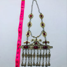 Load image into Gallery viewer, Vintage Turkmen Long Chain Massive Pendant Necklace With Glass Stones, Tribal Pendant With Dangling Long Tassels, Kuchi Turkmen Jewelry