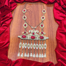 Load image into Gallery viewer, Vintage Turkmen Long Chain Massive Pendant Necklace With Glass Stones, Tribal Pendant With Dangling Long Tassels, Kuchi Turkmen Jewelry