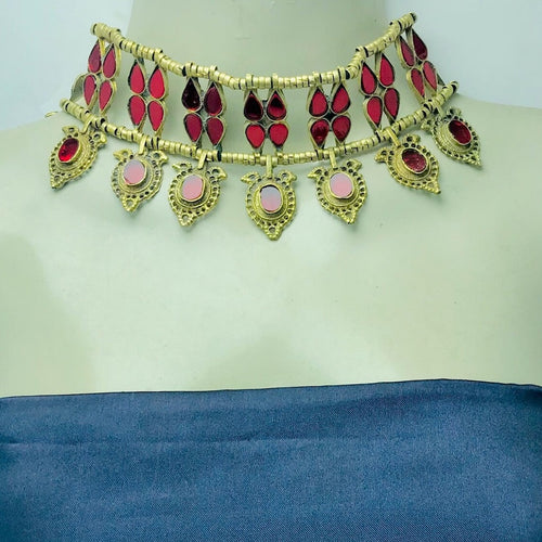 Red and Blue Glass Stones Collar Choker Necklace