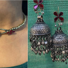 Load image into Gallery viewer, Jhumka Earrings and Statement Choker Necklace