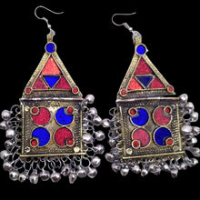 Load image into Gallery viewer, Tribal Dangle with Red and Blue Glass Stones Earrings