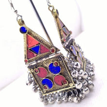 Load image into Gallery viewer, Tribal Dangle with Red and Blue Glass Stones Earrings