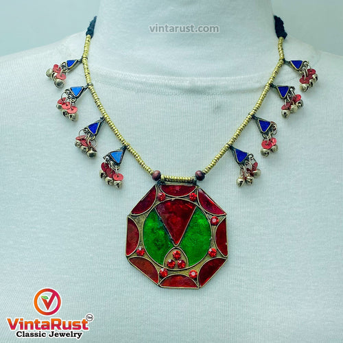 Red and Green Afghan Pendant Necklace