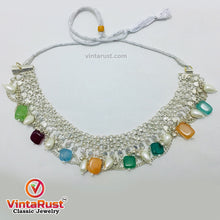 Load image into Gallery viewer, Silver Kuchi Choker Necklace With Multicolor Stones and Pearls