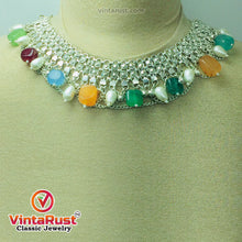 Load image into Gallery viewer, Silver Kuchi Choker Necklace With Multicolor Stones and Pearls