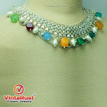 Load image into Gallery viewer, Silver Kuchi Choker Necklace With Multicolor Stones and Pearls