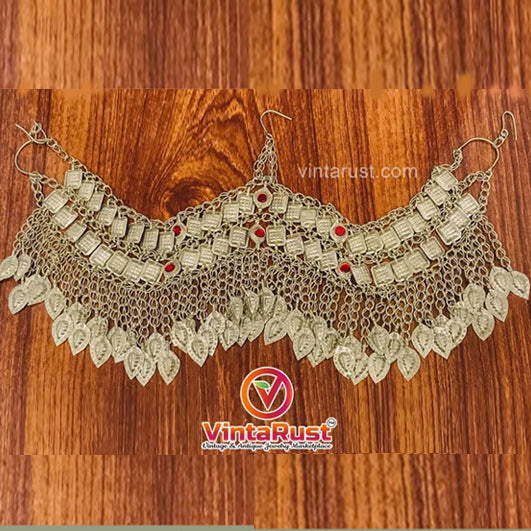 Silver Kuchi Headpiece With Red Glass Stones and Long  display picture 2