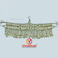 Load image into Gallery viewer, Silver Kuchi Headpiece With Red Glass Stones and Long Tassels