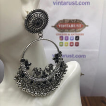 Load image into Gallery viewer, Silver Oxidized Long Dangling Hoops With Bells Earring