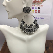 Load image into Gallery viewer, Silver Oxidized Long Dangling Hoops With Bells Earring
