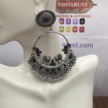 Load image into Gallery viewer, Silver Oxidized Long Dangling Hoops With Bells Earring
