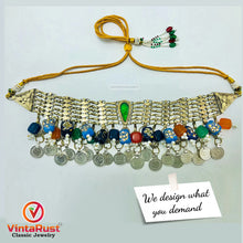 Load image into Gallery viewer, Statement Coins Choker Necklace With Multicolor Glass Stones