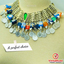 Load image into Gallery viewer, Statement Coins Choker Necklace With Multicolor Glass Stones