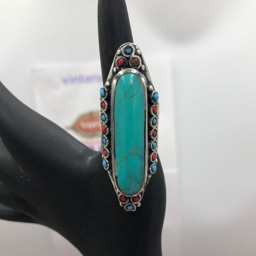 Big Stone Ring With Turquoise and Coral Beads