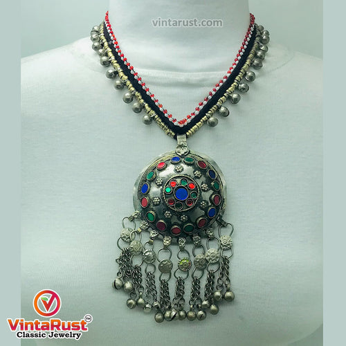 Tribal Pendant Necklace With Glass Stones and Bells